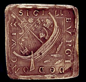 Sigill för staden Dunwich i Suffolk. Ett skepp är föreställt i en grov sjö, vilket troligen är en anspelning på de stormar som förstörde delar av staden 1286 och 1347. 1300-talet. Paris, Nationalarkivet av English School