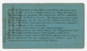 Säsongskort för inträde till Crystal Palace, 186162, omvänd, visar regler av English School
