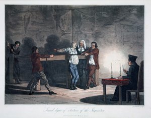 Andra graden av tortyr av inkvisitionen, graverad av L.C. Stadler, pub. av Cadell & Davies, London, ca 1813 (färgad gravyr) av English School