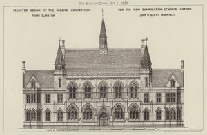 Vald design i den andra tävlingen för de nya examensskolorna Oxford, Front Elevation (gravyr) av English School