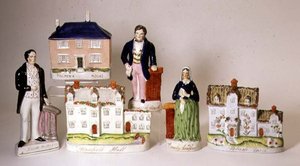 Urval av titulerade Staffordshire-figurer: Stanfield Hall; Potash Farm; Palmers hus; Emily Sandford; James Bloomfield Rush; William Palmer, ca 1849 (keramik) av English School
