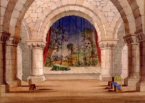 Scenografi för Hamlet av William Shakespeare, 1858 (wc på papper) av English School