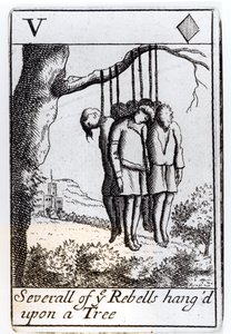 Flera rebeller hängde från ett träd, fem hjärtan som spelade kort från en uppsättning till minne av Monmouths uppror 1685 av English School