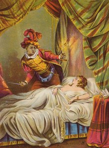 Shakespeare: Othello, Desdemona i säng, sovande (kromolit) av English School