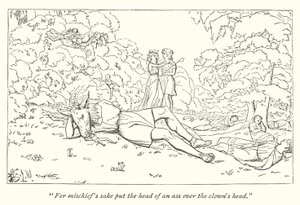 Shakespeares En midsommarnattsdröm; Oberon släpper Titania från förtrollningen (gravyr) av English School