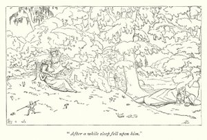 Shakespeares En midsommarnattsdröm; Titania sover (gravyr) av English School