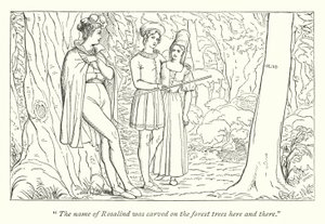 Shakespeares som du gillar det; Orlando ser Rosalind utklädd till Ganymedes (gravyr) av English School