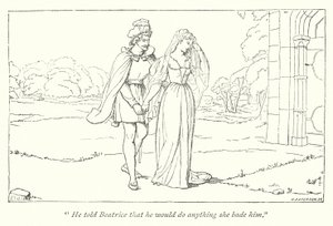 Shakespeares Much Ado About Nothing; Beatrice beklagar Heros skam mot Benedick (gravyr) av English School
