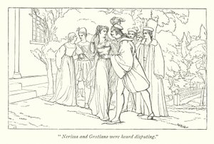 Shakespeares Köpmannen i Venedig; Portia upptäcker sig själv som den låtsades Doctors of Laws (gravyr) av English School