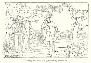 Shakespeares Stormen; Ferdinand ledd av Ariels sång (gravyr) av English School