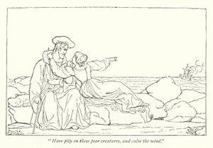 Shakespeares Stormen; Miranda vädjar till sin far att lugna vinden (gravyr) av English School