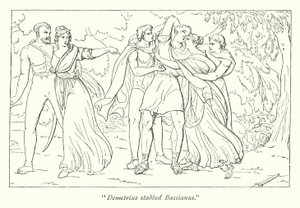 Shakespeares Titus Andronicus; Demetrius, anstiftad av Tamora, mördar Bassianus (gravyr) av English School