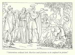 Shakespeares Titus Andronicus; Martius och Quintus arresterade för mordet på Bassianus (gravyr) av English School