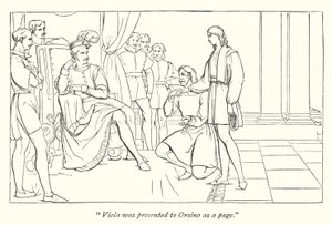 Shakespeares tolfte natt; bildtexten som presenterar Viola för Orsino av English School