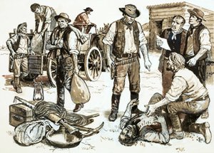 Sheriff Henry Plummer var ansvarig för grossistrån och våld (gouache på papper) av English School