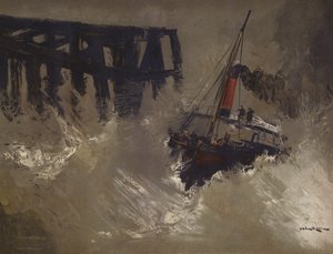 Fartyg som kämpar mot stora vågor (chromolitho) av English School