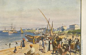 Skepp på stranden, Dar es Salaam, Tanzania (färg litho) av English School