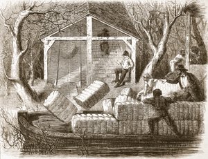 Att skjuta bomullsbalar i den främre delen av flodångaren Magnolia, illustration från The Illustrated London News, 1861 av English School