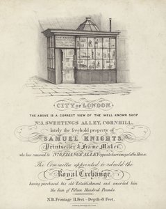 Butik av Samuel Knights, tryckerier och rammakare, 3 Sweetings Alley, Cornhill, City of London av English School