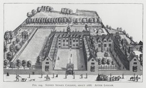 Sidney Sussex College, cirka 1688, efter Loggan (gravyr) av English School