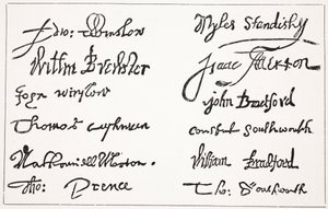 Pilgrimsfädernas signaturer, illustration från Hutchinsons Story of the British Nation, ca 1923 av English School