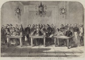 Undertecknande av fördraget mellan England och Kina i Tien-Tsin den 26 juni 1858 (gravyr) av English School
