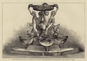 Silver Epergne i form av en fontän, gåvan från herrarna i Argyllshire till markisen av Lorne (gravyr) av English School