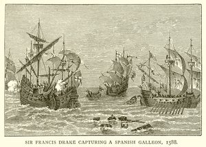 Sir Francis Drake fångar en spansk galjon, 1588 av English School