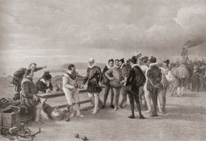 Sir Francis Drake spelar bowls, med den spanska armadan i sikte vid Plymouth Hoe, England 1588. av English School