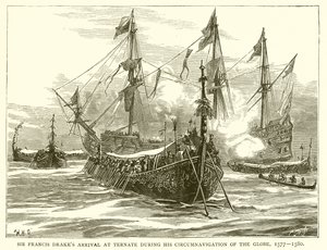 Sir Francis Drakes anlände till Ternate under hans Circumnavigation of the Globe, 1577--1580 av English School