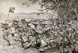 Sir Henry Morton Stanley och hans män kommer till slut ut ur skogen och in på gräsmarken 1887, under Emin Pashas hjälpexpedition i Afrika av English School