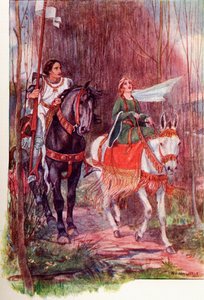 Sir Lancelot och drottning Guinevere. Färgad illustration från boken The Gateway to Tennyson publicerad 1910. av English School