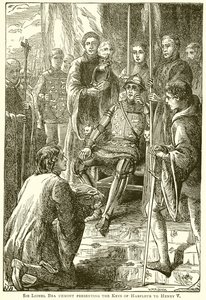 Sir Lionel Bra Uemont presenterar Keys of Harfleur till Henry V av English School