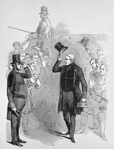 Sir Robert Peel anländer till underhuset, saluterad av en "Peeler" (gravyr) av English School