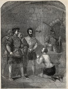 Sir Thomas Wyatt The Younger (1521-1554) på väg till avrättning, och befriar högtidligt prinsessan Elizabeth och Courtenay från deltagande i hans uppror - 1554 - gravyr från "" History of England"" av Cassell Petter & Galpin av English School