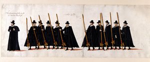 Sir Walter Raleigh, kapten för gardet och gardet. Del av drottning Elizabeth I:s begravningståg till Westminster Abbey, 28 april 1603. av English School