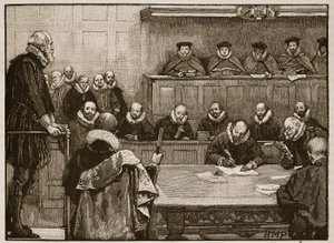 Sir Walter Raleigh före domarna, illustration från Cassells Illustrated History of England (sepiafoto) av English School