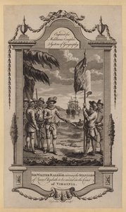 Sir Walter Raleigh beordrar att drottning Elizabeths standard ska uppföras på kusten i Virginia (gravyr) av English School