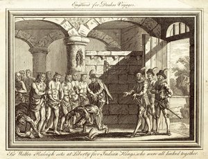 Sir Walter Raleigh släpper fem indiska kungar fria, som alla var sammanlänkade (gravyr) av English School