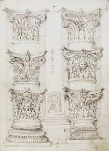 Six Capitals, a Lesene and Two Column Bases, Folio 1, The Master of the Oxford Album, c.1512-17 (penna och mörkbrunt bläck) av English School