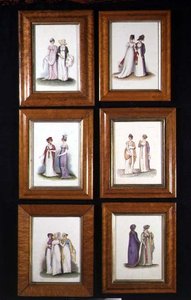 Sex miniatyrer föreställande dammode från sent 1700- och tidigt 1800-tal, ca 1825 (akvarell på papper) av English School