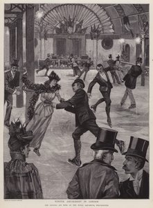 Skridskoåkning på Crystal Ice Rink på Royal Aquarium, Westminster, London (litho) av English School