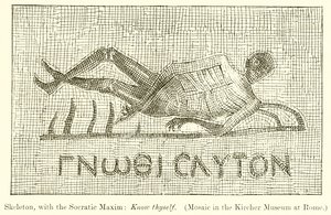 Skelett, med den sokratiska maximen: Känn dig själv. (Mosaik i Kircher-museet i Rom) av English School
