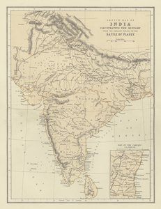Skisskarta över Indien som illustrerar historien från den tidigaste perioden till slaget vid Plassy