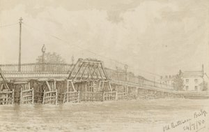 Skiss av gamla Battersea Bridge (wc på papper) av English School