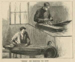 Skisser på Royal Mint, Tower Hill; ringa och undersöka mynten av English School