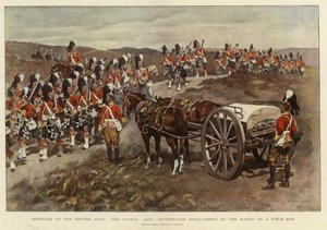 Skisser av den brittiska armén, Argyll and Sutherland Highlanders under marschen på en fältdag (färglitografi) av English School