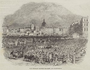 Smithfield Cattle Market, vid jul (gravyr) av English School