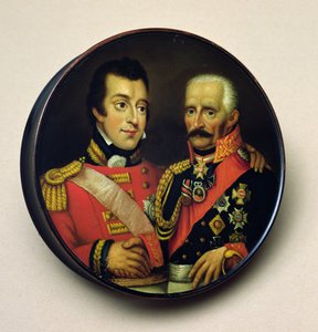 Snusdosa med porträtt av Arthur Wellesley (1769-1852) hertig av Wellington och Gebbard Leberecht (1742-1819) Fältmarskalk, prins von Blucher (målat trä) av English School