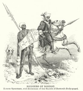 Soldater från Bornou, Kanem Spearman och ryttare i Shejken av Bornous livgarde (gravyr) av English School